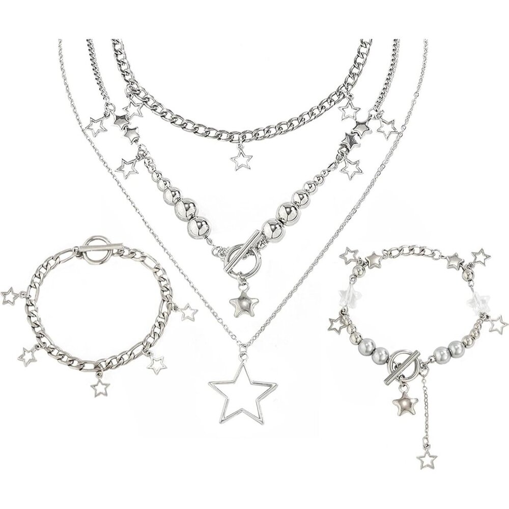 2 Pieces Silver Star Necklace Y2K Jewelry Set Grunge Necklace Kawaii Cute Neckla